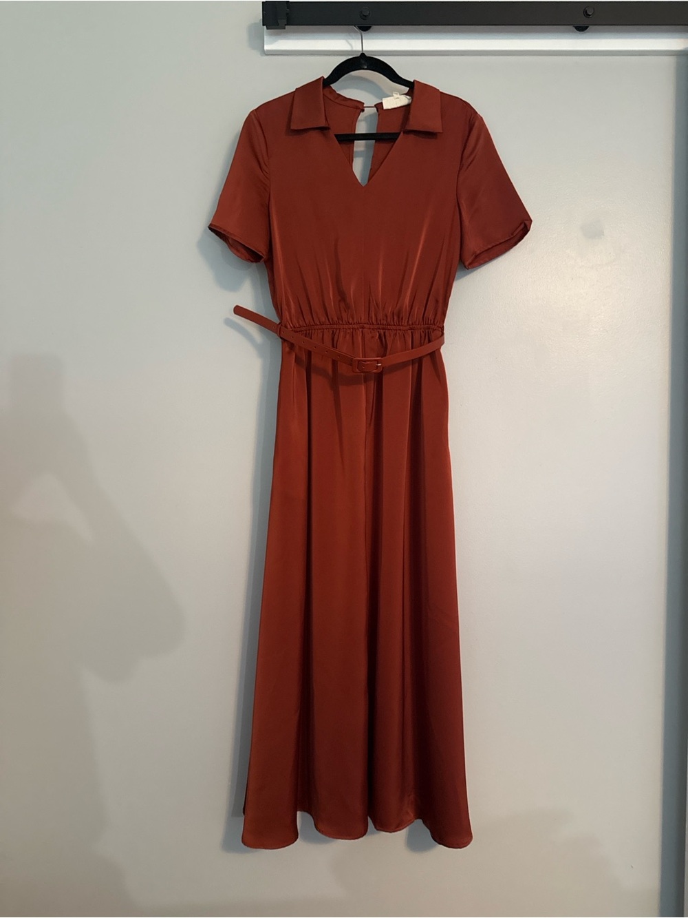 MELLODAY Rust Maxi Dress with Collar and Waist Tie